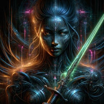 The primary subject of the image is a woman with a sword. She is the main focus of the image, and her face is prominently displayed. The setting is a futuristic environment, with a backdrop of a cityscape. The visual style is digital art, as the woman is depicted in a digital format. The colors in the image are predominantly blue, giving the scene a futuristic and technological atmosphere.